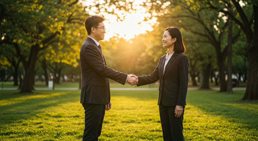 Image Alt Text: Two formally dressed individuals shaking hands in a serene park, symbolizing connection and genuine fellowship.